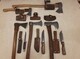 handmade/refurbished axes and knives; handmade leather covers